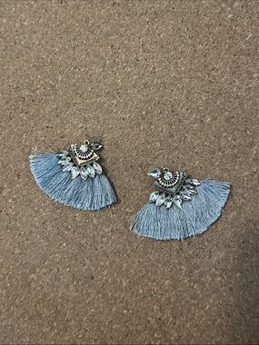 Silver-Tone Light Blue Tassel Earrings